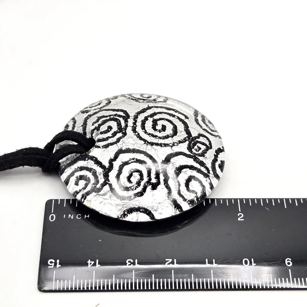 Round Dichroic Glass Pendant Necklace Black Swirls Suede Cord Adjustable Closure